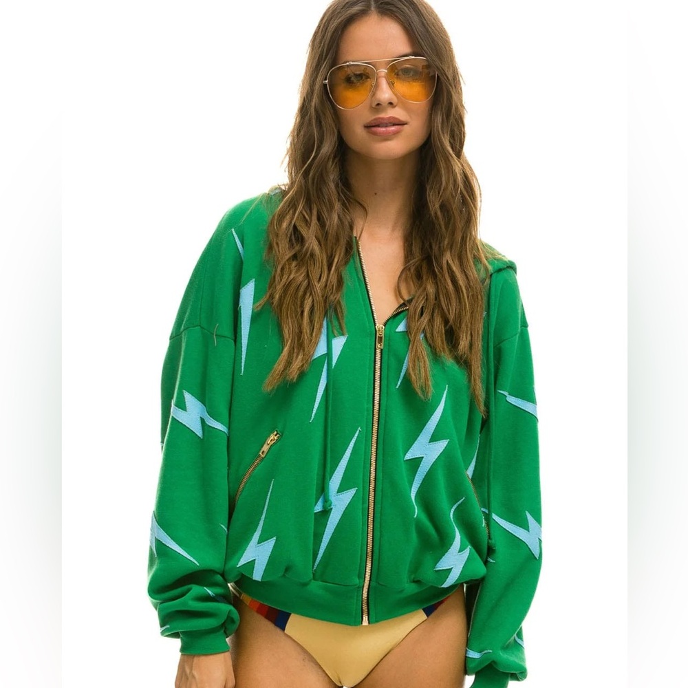 Aviator Nation Bolt Stitch Repeat Relaxed Zip Hoodie in Kelly Green